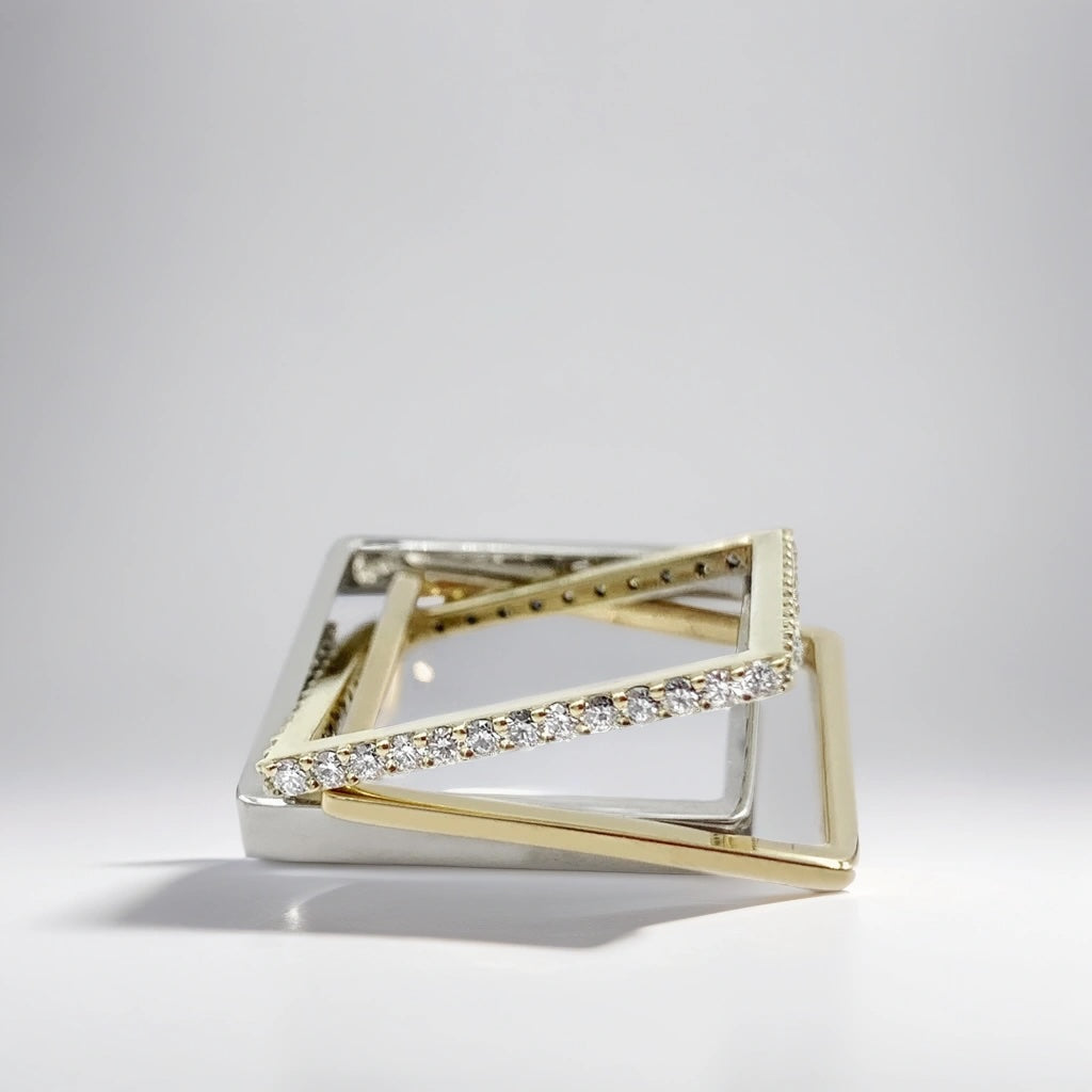 Three Band Puzzle Ring with one Band of Diamonds